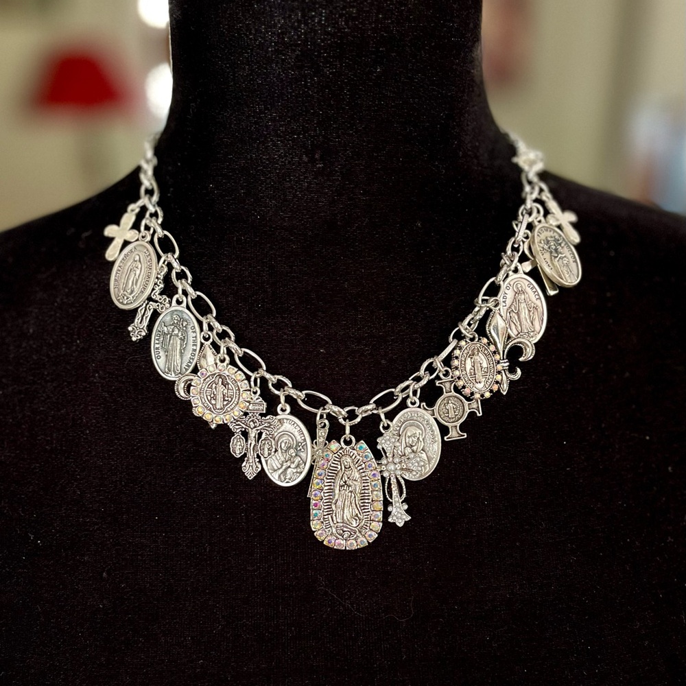 Guadalupe, Saints & Crosses Double Sided Antiqued Silver Tone Festoon Necklace
